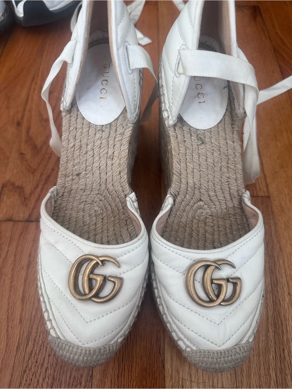 Gucci White Leather GG Espadrille Wedge Sandals with Ankle Tie